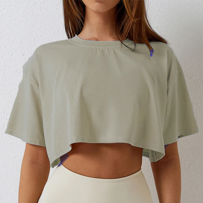 Cotton Women Short Sleeve Dance Running Clothes Yoga Fitness Crop Top Navel Baring New Sport T-shirt Loose Gym Workout Shirts Quick Pick Grocers